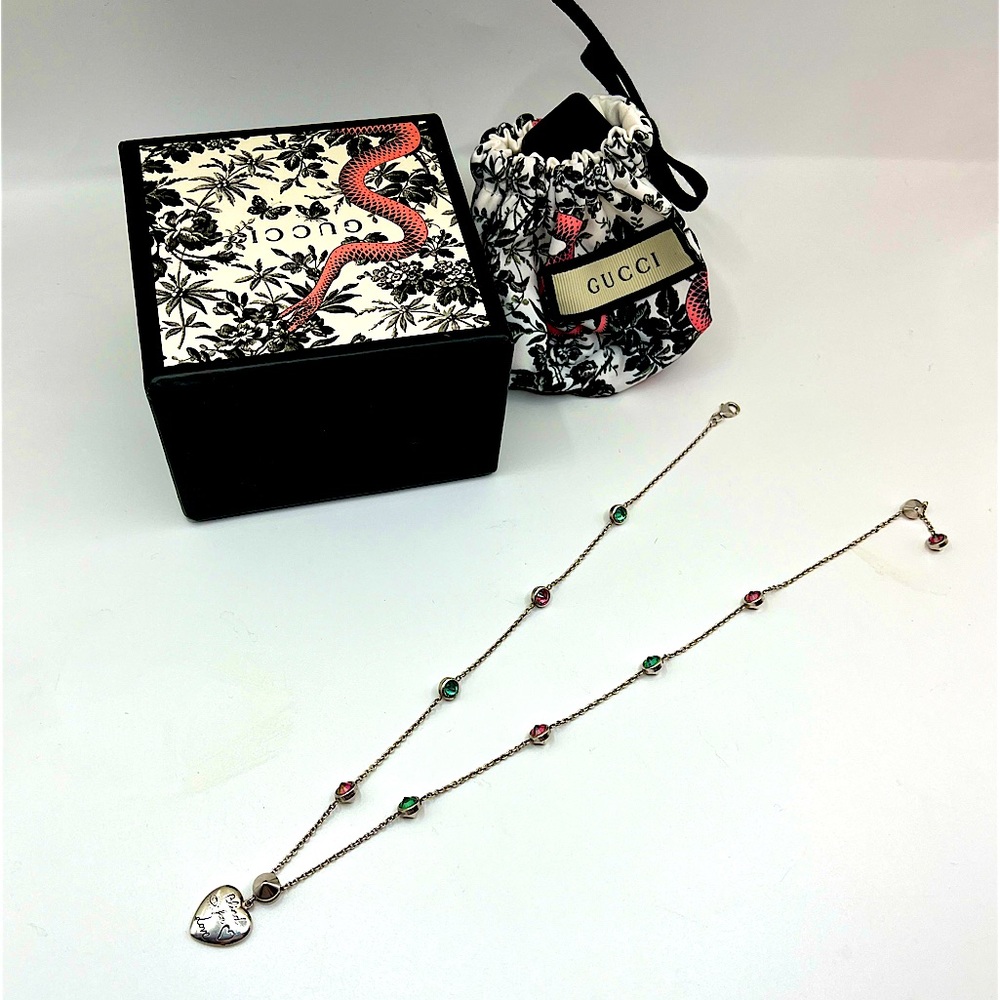 Gucci “Blind for Love” Sterling Silver colored stone doves Ag925 Necklace